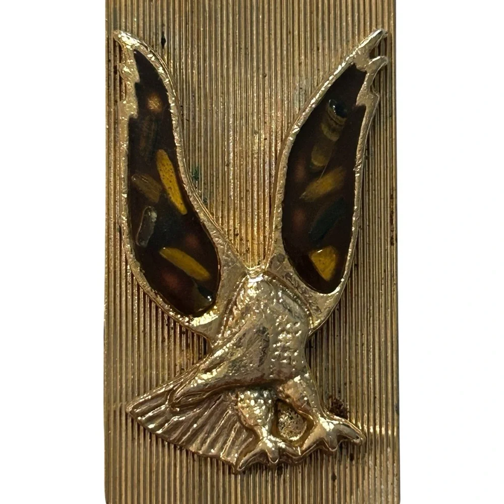 Vintage 2” Money Clip Gold Tone Metal Resin Brown And Gold Landing Eagle
